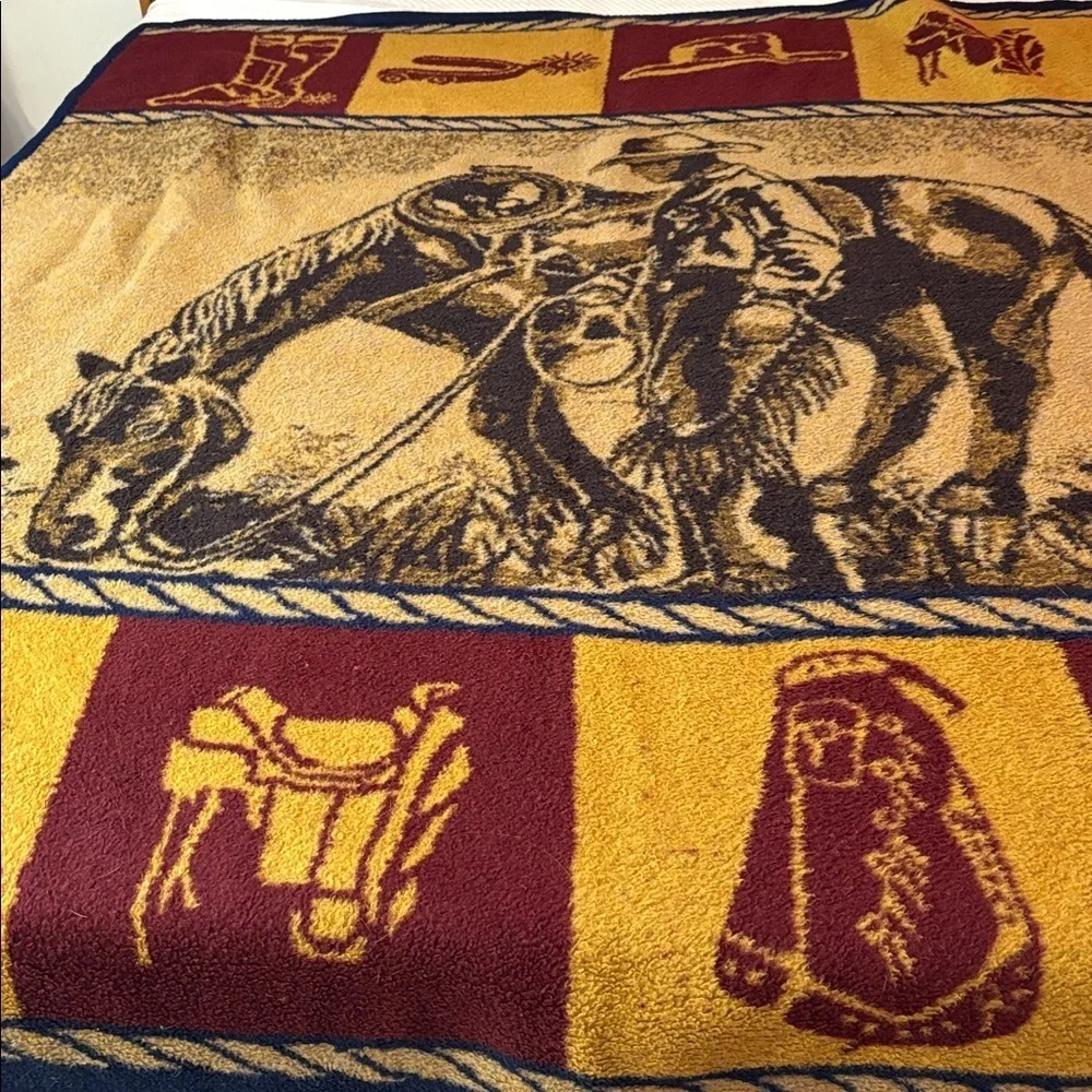 Cowboy Western Marlboro Man Cow & Horse Vintage 70s Wall Hanging Blanket Throw